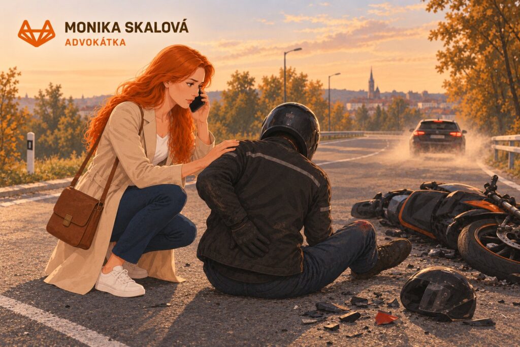 Advokátka Monika Skalová pomáhá zraněnému motocyklistovi po nehodě, viník ujel